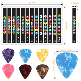 2Pcs Self Adhesive Guitar Fingerboard Stickers with 6Pcs Guitar Picks, Two Thicknesses Guitar Picks(0.46 0.71mm), Color Coded Note Decals Fingerboard Frets - Best Guitar learning Tools for Beginner