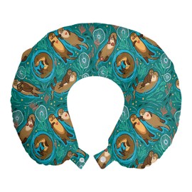 Lunarable Animals Travel Pillow Neck Rest, Brown Otters Swimming in Water with Ornamental Seaweed and Corals, Memory Foam Traveling Accessory for Airplane and Car, 12", Multicolor