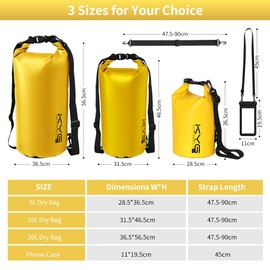 KYG Waterproof Dry Bags,5L/10L/20L for Kayaking/Boating/Canoeing/Fishing/Rafting/Swimming/Camping/Snowboarding