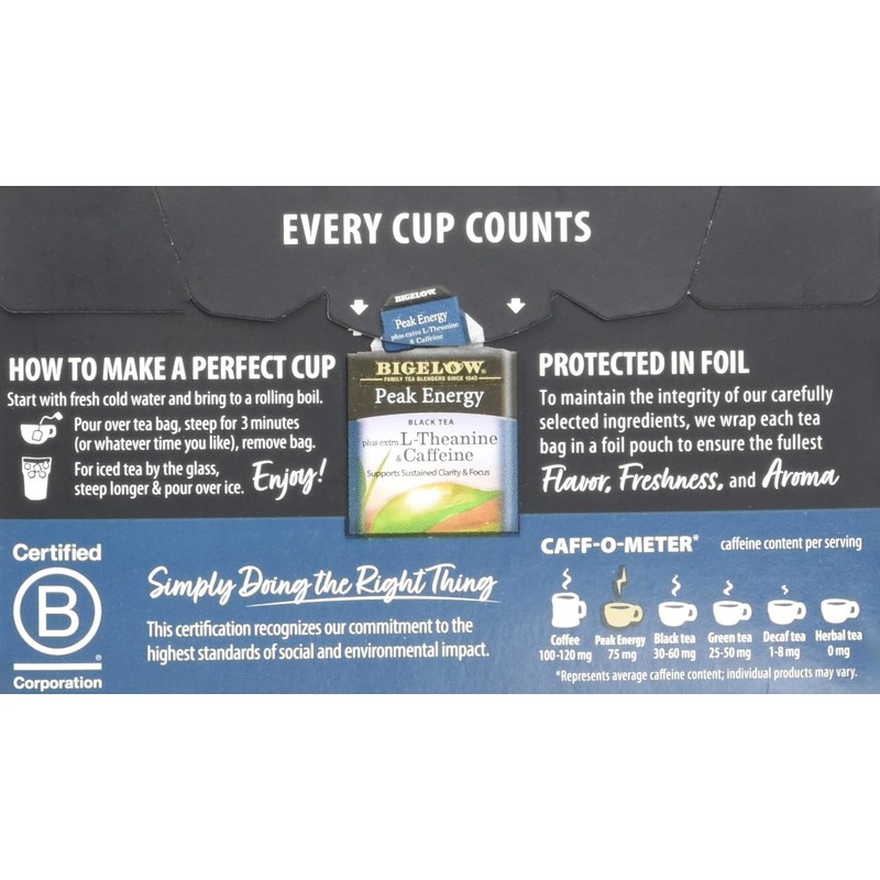 Bigelow Black Tea Peak Energy plus extra L-Theanine & Caffeine,