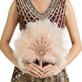 BABEYOND Vintage Bridal Feather Bouquet 1920s Ostrich Feather Fan Crystal Bridesmaid Bouquet 20s Gatsby Wedding Bouquet Flapper Accessories (Light Purple)