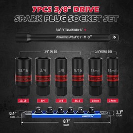 8-Piece 3/8''-Drive Spark Plug Socket Set, SAE & Metric Impact Spark Plug Socket Set with Magnetic Rail, 9/16-inch, 5/8-inch, 3/4-inch, 13/16-inch, 14mm, 18mm, Extension Bars