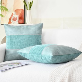 CaliTime Throw Pillow Covers Pack of 2 Soft Faux Leather Solid Dyed Chenille Cushion Cases for Couch Sofa Home Decoration 18 X 18 Inches Smoke Blue