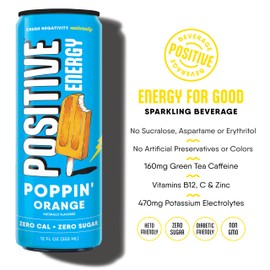Positive Energy Drink - Poppin' Orange | Zero Sugar, Zero Calorie, 12oz Cans (Pack of 12) | Hydrating Electrolytes, Immunity Support with Zinc, Healthy Energy Boost