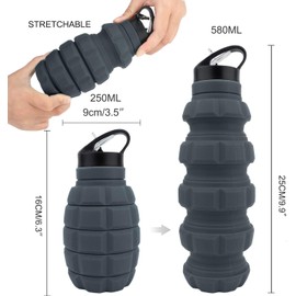 Caliber Gourmet SILICONE COLLAPSABLE TRAVEL WATER BOTTLE 580ML Reusable Silicone Foldable Water Bottles for Gym Camping Hiking, Portable Leak Proof Sports Water Bottle with Carabiner (Dark gray)