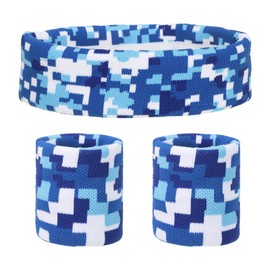 MECCANIXITY Sweat Band Set Sports Terry Cloth Headband Wristband Set 8"x2" Moisture Wicking Sweat Absorbing Head Band for Women Men Workout Exercise (Checkered Camouflage Blue)