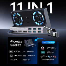 Legion Go/ROG Ally/Steam Deck Dock - 11-in-1 Docking Station Dual Cool Fans Steam, 4K@60Hz, 6 USB Ports, VGA, DP, 100W PD Charging, Gigabit Ethernet Fit for Steam Deck