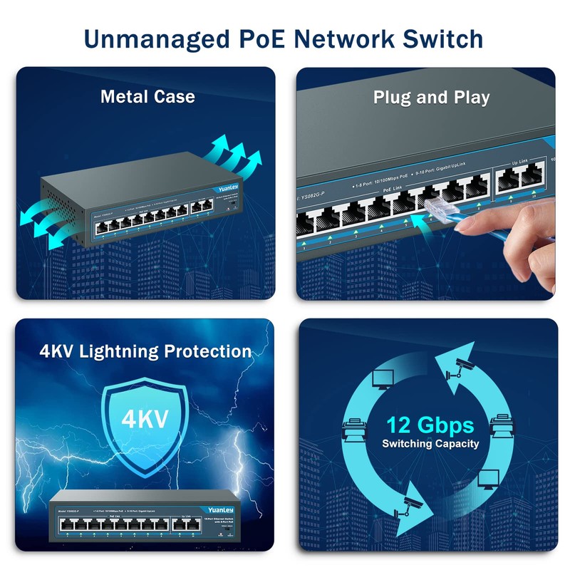 YuanLey 8 Port PoE Switch with 2 Gigabit Uplink, 8