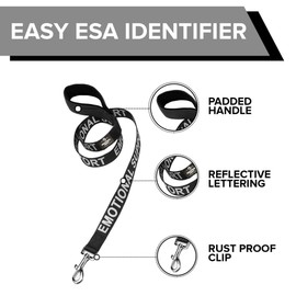 Emotional Support Dog Leash Wrap with Neoprene Handle and Reflective Emotional Support Lettering - Supplies or Accessories for ESA Dog Vest or Harness (Black, Support)