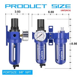 NANPU 3/8" NPT Compressed Air Filter Regulator Lubricator (FRL), Zinc Alloy, 5 Micron Brass Element, 0-150 psi Gauge, Quick Release Bowl, Manual Drain, Metal Bracket