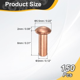 sourcing map 150 Pcs Copper Solid Rivets, 0.12"x0.31" Half Round Head Rivet Metal Fasteners for Electrical Applications, Leather DIY Craft Supplies (M3x8)