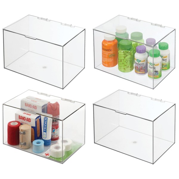 mDesign Bathroom Plastic Stackable Storage Display Container Box with Hinged Lid - Cabinet, Vanity Organizer for Toiletries, Makeup, First Aid, Hair Accessories, 6.5" High, 4 Pack - Clear