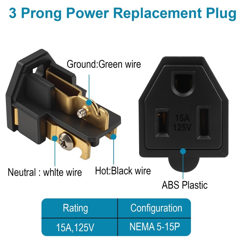 3 Wire Grounding Plug Extension Cord Straight Blade Adapter Replacement