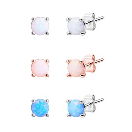 Opal Stud Earrings Set Women: 14K White Gold Plated 4mm Small Round Colorful Unique Trendy Hypoallergenic Vintage Birthday Christmas Party Jewelry Gifts for Women Girls Moms Teens (Silver)