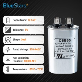 BlueStars 12.5 uF MFD ±5% 370 VAC or 440 VAC CBB65 Oval Run Start Capacitor - Replacement Part - Exact Fit for Condenser Straight Cool or Heat Pump Air Conditioner - Replaces 97F9003, Z97F9003