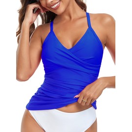 RELLECIGA Women's Royal Blue V Neckline Ruched Tankini Top Swimsuits Size Medium