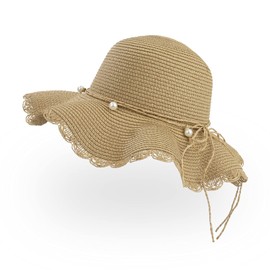 Jesustree Straw Hat, Women's Foldable Sun Hat, Summer Breathable Floppy Beach Hat with Wide Brim and Beautiful Pearls, UV Protection, UPF 50 for Hiking, Travel, Holidays, khaki