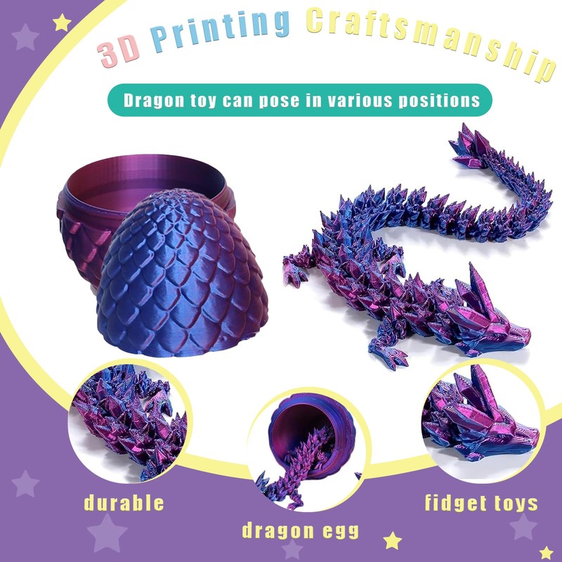 2 Pcs 3D Printed Dragon in Egg Articulated, Removable 3D