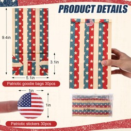 Kolldenn 30 Sets Patriotic Kraft Treat Bags with Stickers 4th of July Favors American Flag Stars Stripes Goodie Gift Wrapping Bags for Independence Memorial Day Party Decor Snack Supplies