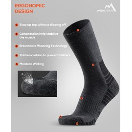 WEIERYA Mens Hiking Socks 3 Pairs Merino Wool, Cushion Hike Trek Micro Crew Socks With Moisture Wicking for Outdoor Sports, Dark Grey L