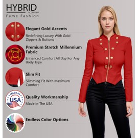 Hybrid & Company Women's Fashion Military Crop Premium Ultra Stretch Gold/Sliver Millennium Zipper Up Dressy Blazer Jacket KJK1125X RED 2X