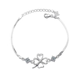 925 Sterling Silver Good Luck Bracelet for Women 4 or 5 Leaf Clover Shamrock Flower hollow Cubic Zircon Bracelet (White)
