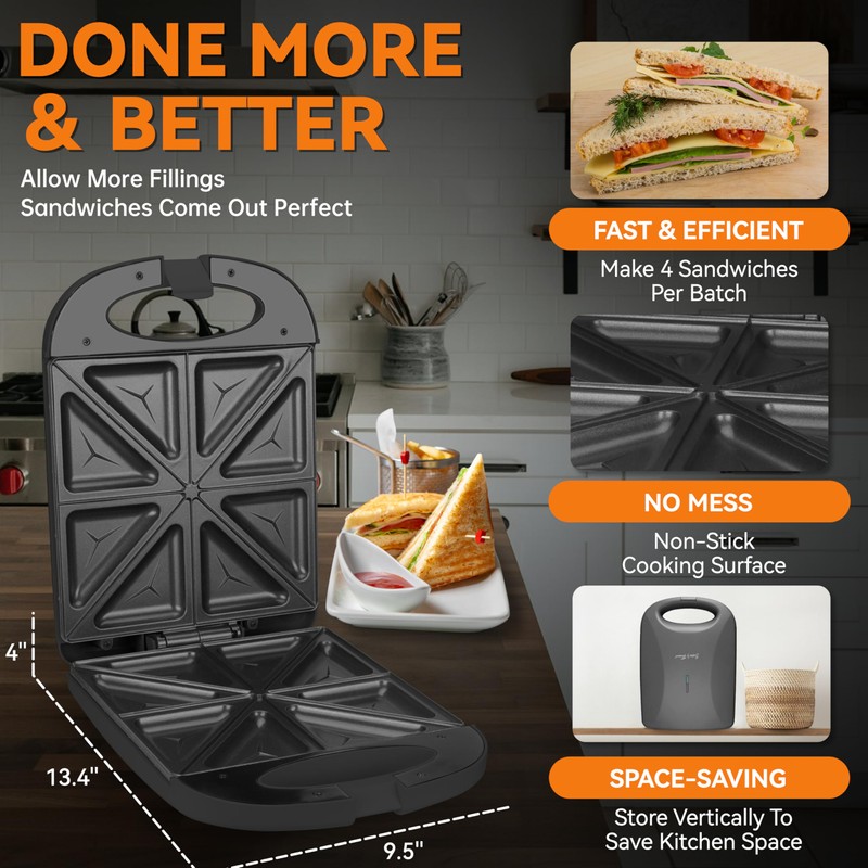 Baker’s Friend Breakfast Sandwich Maker, 4 Slices of Panini Grill