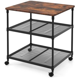 Giantex Printer Stand, 3-Tier Industrial Printer Cart with Lockable Wheels, Adjustable Shelves, Metal Frame, Mobile Under Desk Shelf for Home Office, Printer Table Fit Fax Machine, Scanner (Brown)