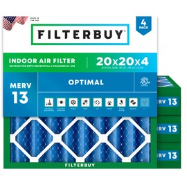Filterbuy 20x20x4 Air Filter MERV 13 Optimal Smoke & Allergy Defense (4-Pack), Electrostatic Pleated HVAC AC Furnace Filters Replacement (Actual Size: 19.50 x 19.50 x 3.63)