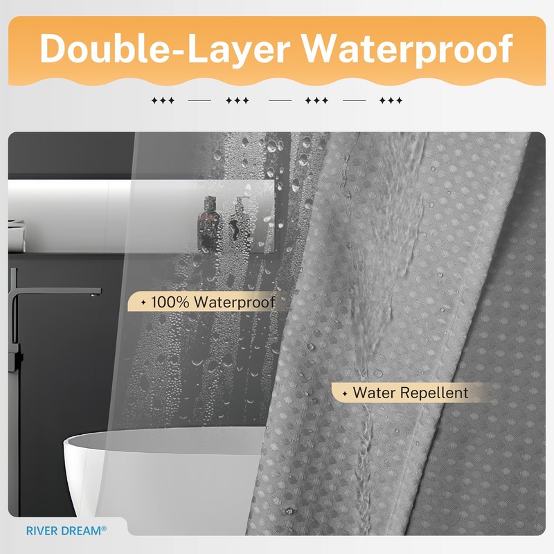 River Dream Grey Shower Curtain with Liner Set, Waffle Fabric