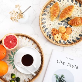 Rattan Serving Tray with Mother of Pearl, Round Coffee Table Tray Decor, Round Wicker Tray, Boho Decorative Tray, Woven Tray (Lucky Flower, 11.8 inch)