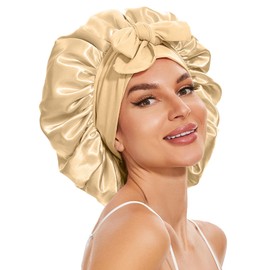 Silky Satin Bonnet for Sleeping,Single Layer Silk Hair Bonnet Women with Tie Band (Beige)
