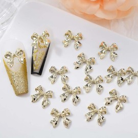 20pcs Gold Bow Nail Charms - 3D Alloy Ribbon Bow Nail Art Rhinestone Sparkling Gold Metal Nail Accessories Cute Kontbow Nail Gems Jewelry for Acrylic Nails Mini Bow Tie for Manicure Decor