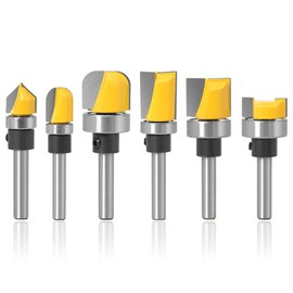 Mesee 6 Pieces Template Router Bit Set with Bearing, 1/4-Inch Shank Straight Bits and Bowl Tray Bits V Grooving Bit for Woodworking Template Pattern Slotted Trimming Clearing Milling Cutter Tools