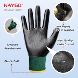 KAYGO Work Gloves Nitrile Coated, 12 Pairs KG12N，Seamless Knit, Protective Safety Work Gloves with Good Grip for General Work,green, M
