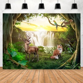 Yieldeer Jungle Photo Backdrop Forest Wall Tapestry Animals Photography Background Waterfall Themed Birthday Party Decorations Banner for Kids Room, 7x5ft