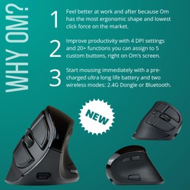 Ergodriven Om Handshake Vertical Mouse | Wireless Ergonomic Mouse | Rechargeable | Silent Click Micro-Force Switches | OLED Screen | Reduces Tension and Fatigue | Compatible with PC and Mac