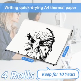 Phomemo A4 Quick-dry Continuous Thermal Paper, 8.27"x275 3/5" (210mm*6.5m) width, black text, 4 Rolls in box. Compatible with Phomemo M08F/M832/M833/M834 portable A4 printer. Storage for 10 years