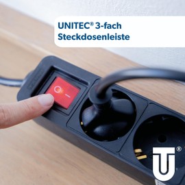 UNITEC Table Socket 3-Way with Switch, Power Strip, 1.4 m Cable, Black