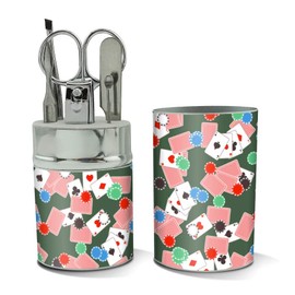 Poker Chips and Ace Cards Pattern Stainless Steel Manicure Pedicure Grooming Beauty Care Travel Kit