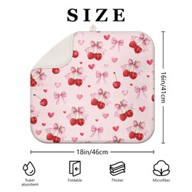 Cherry Dish Drying Mat for Kitchen Counter, Pink Cute Bow Heart Microfiber Drying Mat, Washable Absorbent Kitchen Countertop Dish Draining Mat, 16×18 Inch