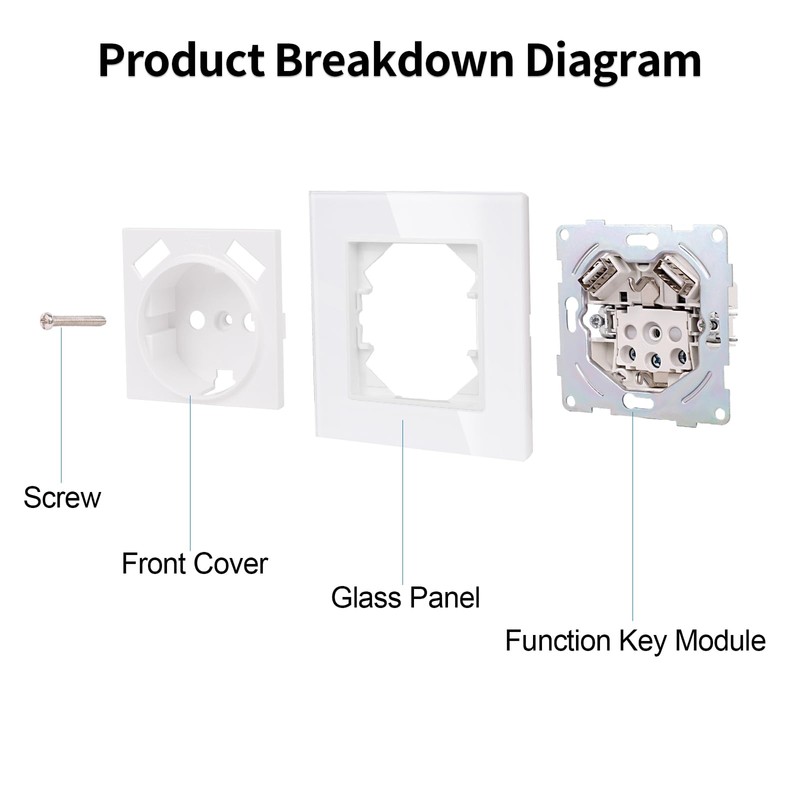 JIMEIDA Single Socket with 2 USB Glass White with Hooks