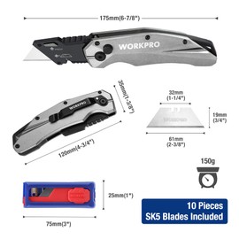 WORKPRO Folding Utility Knife, Heavy Duty Metal, Quick Open Botton Lock Box Cutter, Quick Change Blade Razor Knife, 1PC with 10 Extra SK5 Blades