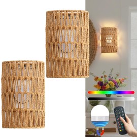 Povectolay Battery Powered Wall Sconce, Rattan Rechargeable Wall lamp, Bohemian Wall Sconces with Remote Control RGB Dimmable, Wireless Wall Sconce Set of 2 for Bedroom, Hallway, Living Room