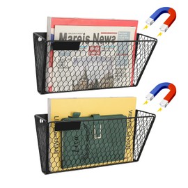 Magnetic File Holder for File Cabinets,1-Tier No Drilling Durable Magnetic Paper Holder, Black Mesh Wall File Holder for Refrigerator, Whiteboard, Mail Organizer, Writing Label Included (2 packs)