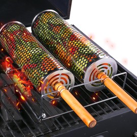 Rolling Grill Baskets(2 PCS),304 Stainless Steel with Removable Wooden Handle, Rolling Grilling Net for Vegetables, Shrimp, Fish, BBQ Accessories for Outdoor Cooking, Camping, Birthday Gifts for Men, Dad, Husband