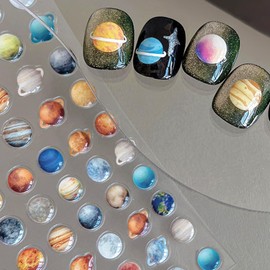 IDDFEVE 5D Embossed Planet Nail Art Stickers, 5D Galaxy Colorful Space Nail Decals, Solar System Earth Moon Saturn Moon Design for DIY Nail Supplies Decoration (2 Sheets)