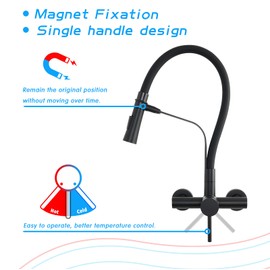 Wall Mount Kitchen Faucet with Sprayer 6 Inch Center Flexible Silicone Hose Kitchen Faucet Magnetic Docking Laundry Commercial Utility Sink Faucet Matte Black (W-118E-BK)