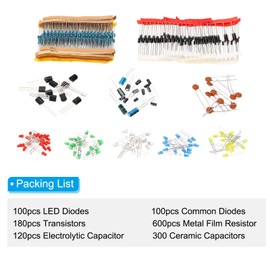 PATIKIL 6 Types Electronic Component Kit,1400Pcs Electrolytic Capacitor,Ceramic Capacitor,LED Diode,Common Diode, Resistor, Transistor for Electronic Project