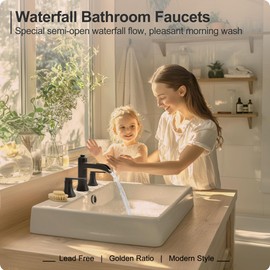 4-16 Inch Waterfall Bathroom Faucet Black, Modern Brass Bathroom Faucets 3 Hole, 2 Handle Widespread Faucet, Brass Bathroom Sink Faucets, 2 Handles Faucet for Bathroom Sink with Pop-up Drain